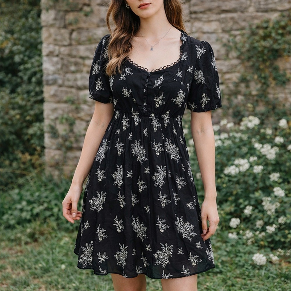 Lapis Black Floral Embroidered Cotton Empire Waist Cottagecore Dress S